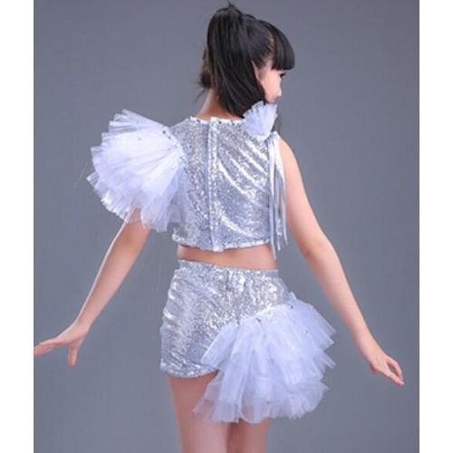 silver sequin jazz modern dance costumes for girls hip hop kids modern dance dress for girls dance clothes dancewear